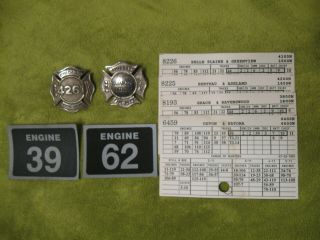 Two Chicago Fire Department Fireman Hat Badge Box Alarm Cards Helmet Decals