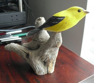 Hand Carved Wood 2006 Phillip Brown Nc Yellow Finch Type Bird On Branch Figurine