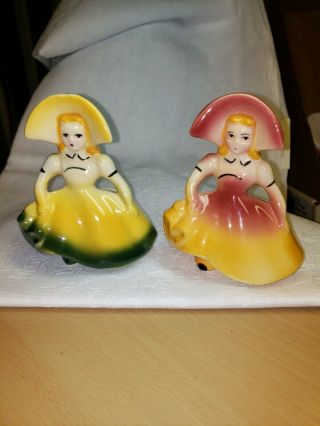Two Vintage Planters Vase Figurine Southern Belle Girl Lady Big Hat Good Cond.