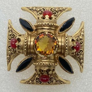 Signed Florenza Vintage Iron Cross Brooch Pin Black Glass Rhinestone Jewelry