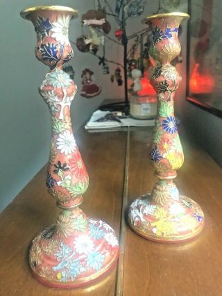 2 Vintage Chinese Cloisonne Enamel Brass Floral Blue 9 " Tall Candle Holders