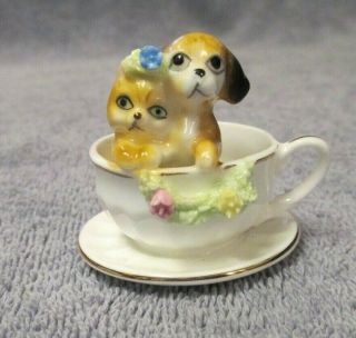 Vintage Napcoware Bone China Kitten & Puppy In Teacup - Dog Cat Teacup Figurine