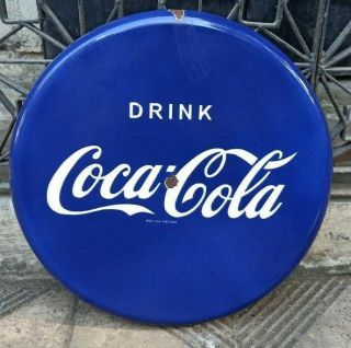 Vintage Coca Cola Blue Button Porcelain Enamel Sign 18 "