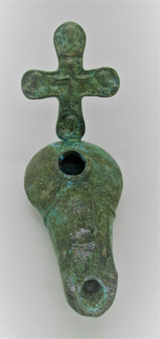 Scarce Late Ancient Roman Bronze Oil Lamp With Cross Circa 400 - 500ad
