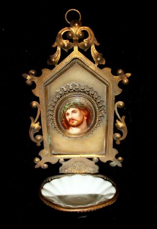 Vintage Continental Brass & Porcelain Holy Water Font W Hand Painted Christ Head