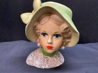 Vintage Relpo Lady Head Vase Blue Eyes / Blonde Wavy Hair / Green Hat 2091