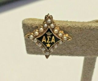 Vintage Alpha Sigma Alpha Sorority Pin 14k Gold & Seed Pearls 14 Mm Square