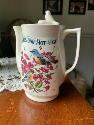 Vintage Japan Porcelain Electric Whistling Teapot,  Red Flowers/ Bluebirds