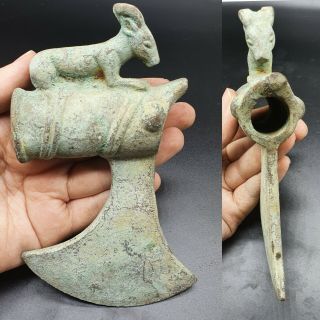 Rare Ancient Piece Old Bronze Roman Bronze Axe With Animal On Top