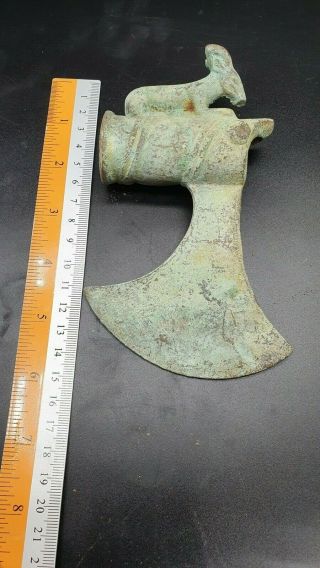 RARE ancient piece old bronze Roman bronze axe with animal on top 2