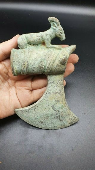 RARE ancient piece old bronze Roman bronze axe with animal on top 3