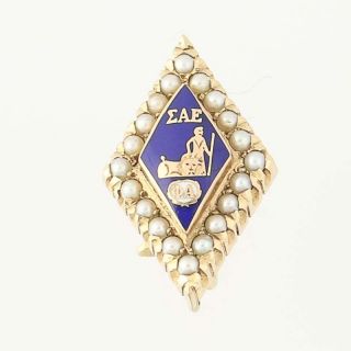 Sigma Alpha Epsilon Badge 10k Gold Blue Enamel Pearls Fraternity Sweetheart Pin