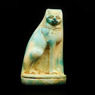 Rare Unique Antique Ancient Egyptian Cat Bes Faience Statue Figure.  Large