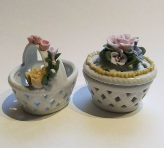Set 2 Vintage Porcelain Woven Look Basket And Trinket Dish With Applied Flowers