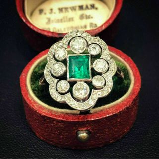 Engagement Ring Vintage Art Deco Cluster 2ct Emerald Diamond 14k White Gold Over