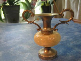 Vintage Natural Onyx Stone Miniature Brass Vase 3 1/2 " Tall