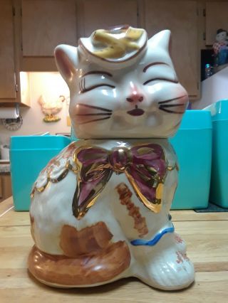 Vintage Shawnee Pottery Puss - N - Boots Cat Cookie Jar With Gold Trim,  2 Quarry Cr