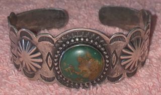 Vintage Old Pawn Southwestern Turquoise Cuff Bracelet Engraved Sterling Silver