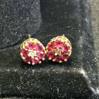 14k Yellow Gold Diamond & Ruby? Stud Earrings 1.  39g Not Scrap Gold