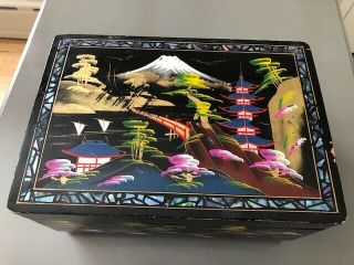Vintage Japan Black Lacquer Mother Of Pearl Musical Jewelry Box