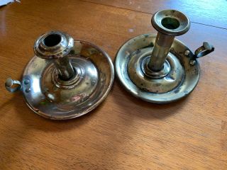 2 Antique Vintage Brass Candle Holder Chamberstick Handle Vented No Lift Button