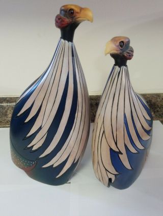 Feathers Gallery Wooden Pair Hand Carved 12”crowned Guinea Fowl Ed Of 2000
