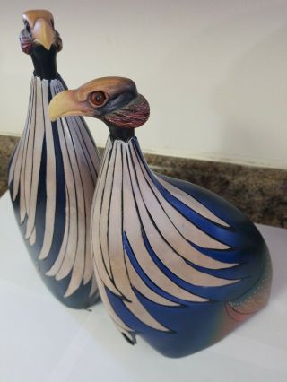 Feathers Gallery Wooden Pair Hand Carved 12”Crowned Guinea Fowl Ed of 2000 2