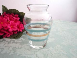 Vintage Small Miniature Clear Glass Vase With Blue & Gold Stripes (urn Style)