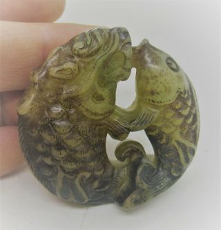 Old Chinese Qing Dynasty Jade Carved Openwork Stone Fish Amulet