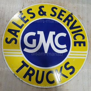 GMC SALES SERVICE 2 SIDED 30 INCHES ROUND VINTAGE ENAMEL SIGN 2