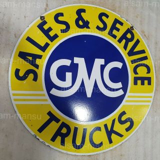 GMC SALES SERVICE 2 SIDED 30 INCHES ROUND VINTAGE ENAMEL SIGN 3