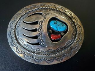Vintage Sterling Silver Turquoise Coral Belt Buckle Sw Native American Bear Claw