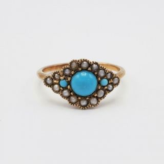 Antique Victorian 10k Gold Seed Pearl Turquoise Ring Size 6
