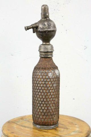 Antique Vintage French Seltzer Bottle Soda Siphon Cane Wrapped Pewter Top Pump