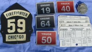 Chicago Fire Dept Engine 59 Fireman Helmet Front Badge,  Box Alarm Cards & Decals