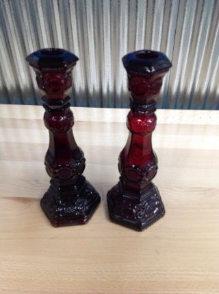Avon 1876 Cape Cod,  Ruby Red Candlestick/candle Holders Pair (2) Tall