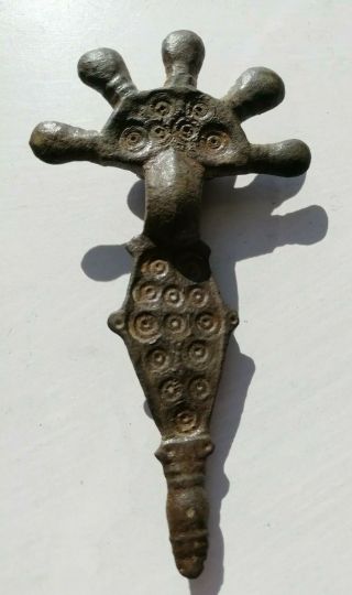 Ancient Bronze Fibula With Native Iron Needle.  Very Rare 90 Mm.