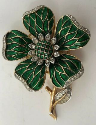 Stunning Vintage Philippe Trifari Enamel Rhinestone Flower Brooch Pin