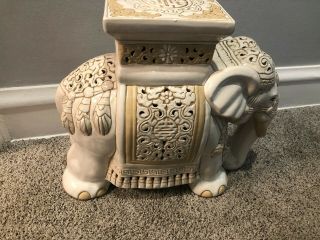 Oriental Vintage White And Sand Ceramic Elephant Plant Stand,  Stool Or Table