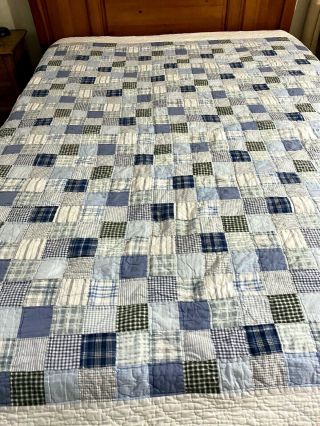 Vintage Hand Crafted & Quilted Blue & White One Patch Cotton Quilt 91 X 91 " 385