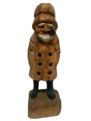 Vintage Old Man In Rain Coat Sea Hand Carved Wooden Figurine 6.  25 " Tall
