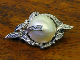 Vintage Palladium Art Deco Antique Mabe Pearl Diamond Filigree Brooch Pin E