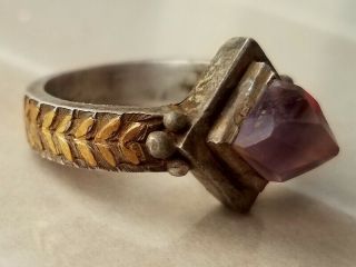 Massive Byzantine Silver And Gold Ring,  Natural Amethyst Stone 12 - 15century 21mm