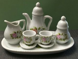 Vintage 10pc Royal Norfolk Miniature Tea Set Pink & White Roses Mini Porcelain