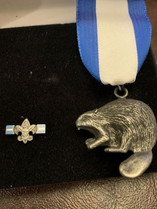 Boy Scouts Of America Silver Beaver Award Medal Blue White Blue Ribbon And Pin