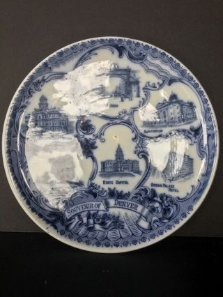 Antique Denver,  Co Blue & White Porcelain Souvenir Plate By Willock England