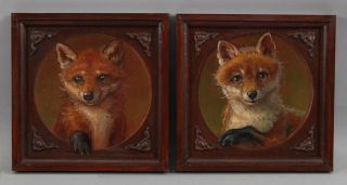 Pair Small Anthony Barham Fox Kit Pups Portrait Oil Paintings,  Nr