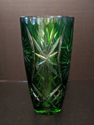 Vtg.  Emerald Green Czech Bohemian Cut To Clear Large Crystal Vase 10 " X 6 "