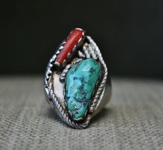 Large Heavy Vintage Native American Navajo Turquoise Sterling Silver Ring Sz.  11