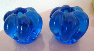 2 Vintage Blue Glass Candle Holders - Taper Swirled Side Flower